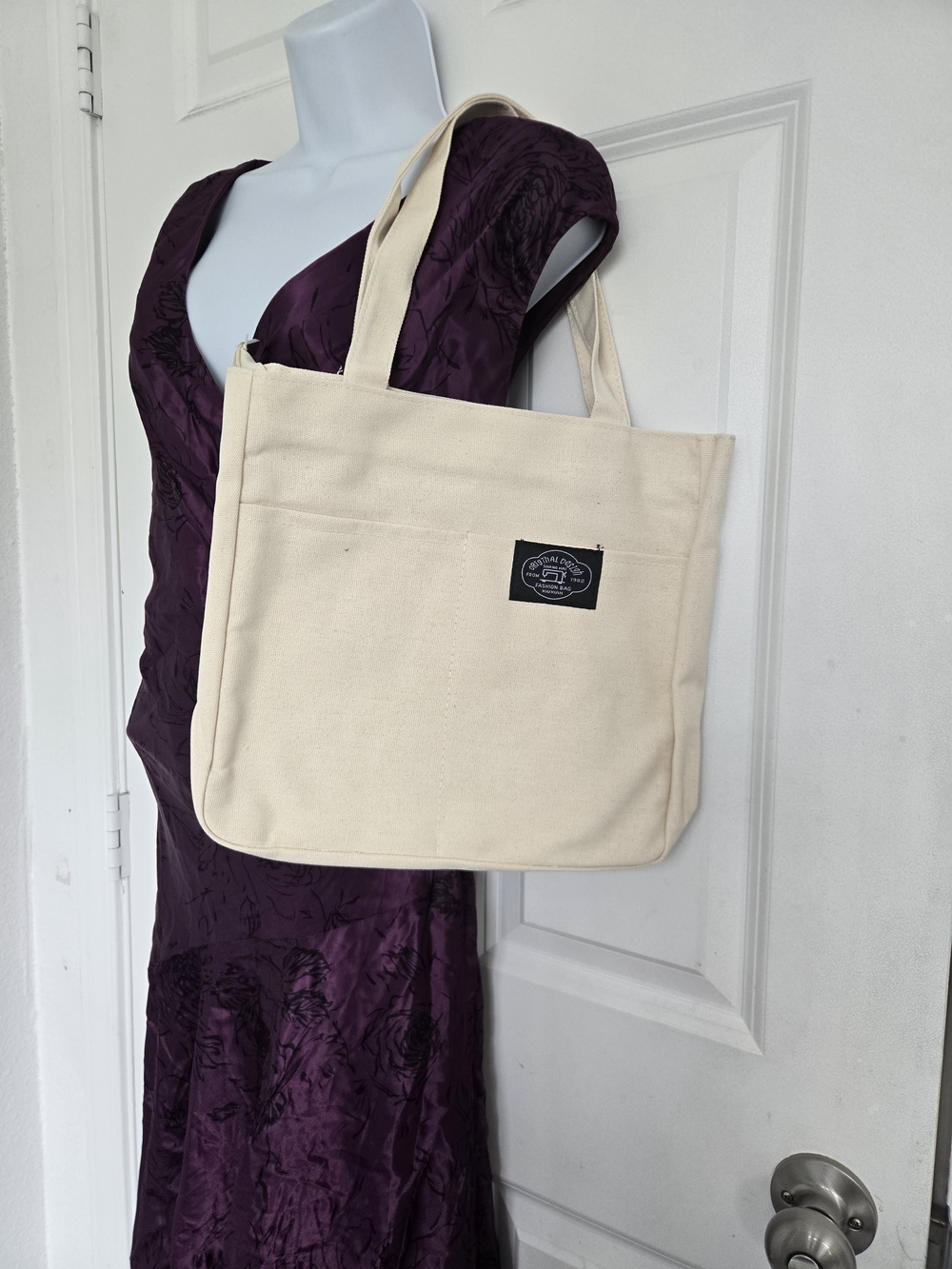 Canvas Tote Bag in Cream with Front Pocket